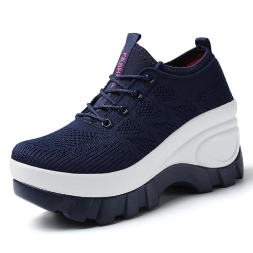 Image of Women's Chunky Platform Comfort Orthopedic Wedge Walking Shoes Fashion Knitted Breathable Lace Up Lug Sole Casual Non-Slip Running Shoes with Arch Support