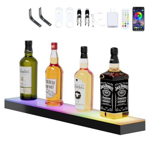 Dethan 1 Tier 24 Inch LED Lighted Liquor Bottle Display Shelf - Wine Racks with Multi-Color App & Wireless Remote Control, Adjustable Brightness & Sound Modes, Acrylic Bar Shelves for Home Bar Display