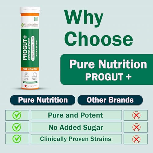 Image of Pure Nutrition Progut+, 15 Effervescent Tablets - 18 Billion CFU | Prebiotic & Probiotic Supplement for Gut Health, Digestion & Immunity | Relief from Acidity, Bloating & Heartburn - Apple Flavour