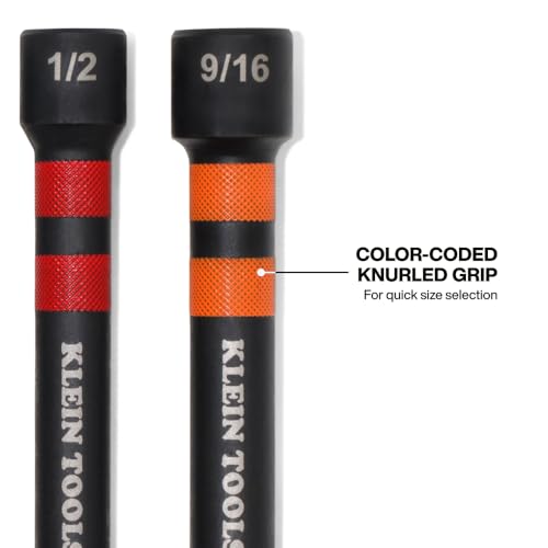 Image of Klein Tools 32940 SAE Magnetic Hollow Impact Nut Drivers Set, 6-Piece Color Coded Hollow Power Nut Driver with Extended Reach, 6 SAE Sizes