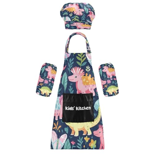Bulletgxll Cute Dinosaurs Kids Apron and Chef Hat Set Adjustable Bib Aprons with Pockets for Cooking Baking Painting