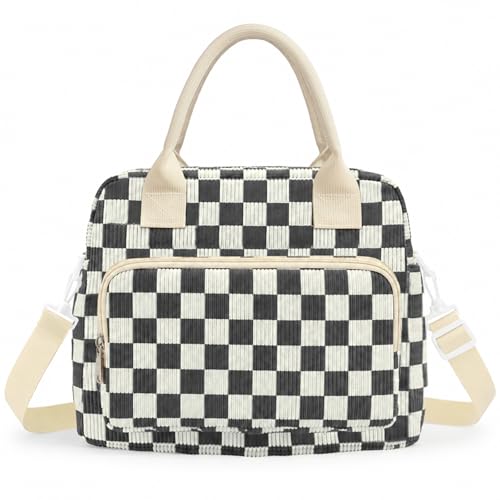 xuefenfei Bolsa Termica Porta Alimentos 12L, Bolsa Isotérmica Pequeña, Bolsa Comida Trabajo con Correa de Hombro Ajustable, Loncheras de Trabajo para Oficina Viaje Picnic (Cuadros blancos y negros)