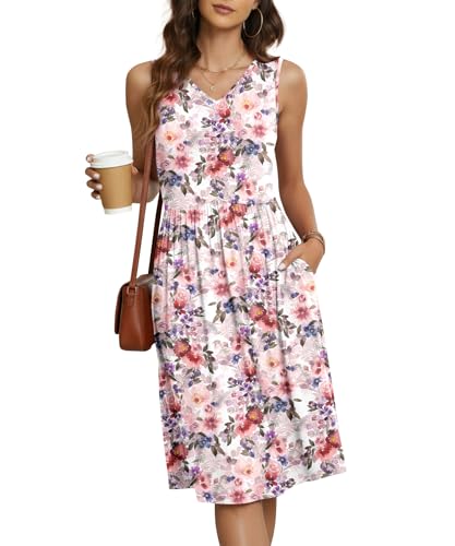 Image of NILOUFO Sleeveless Dress for Women Summer Knee Length Sundress with Pockets | Sundresses for Women Tank Empire Waist Sun Dress Cold Shoulder Casual V Neck Midi Dress Flowy Summer Dresses for Women