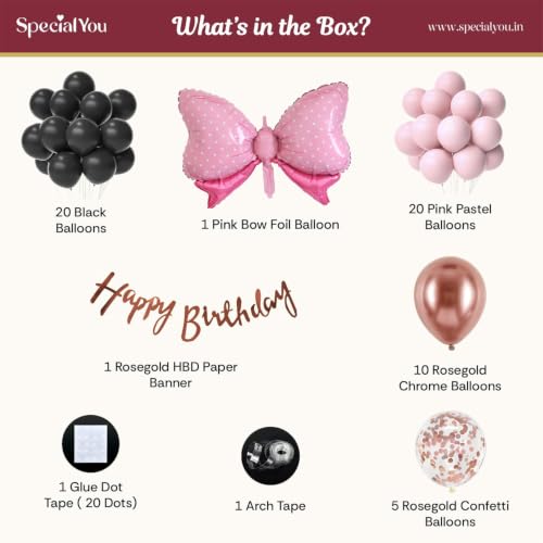 Image of Special You Black Pink Rosegold Birthday Decoration Kit with Bow Theme | Birthday Decoration Items for Girls | Balloon Garland with Chrome & Confetti Balloons, Banner | Party Decor Set