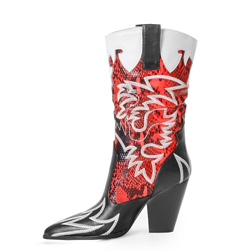 Image of Women Cowboy Boots Mid Calf Embroidered Cowgirl Knee High Chunky Heel Western Pointed Toe