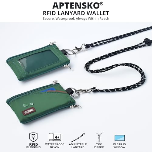 Image of RFID Blocking Travel Wallet with Adjustable Lanyard, Small Nylon Zipper Pouch and Badge Holder for ID, Credit Cards, Cash, Keys, Commuters (Forest Green)