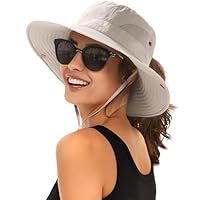 FURTALK Summer Wide Brim UPF 50+ Outdoor Protection Foldable Bucket Hat Womens Sun Hat with Ponytail Hole Beach Hiking Beige