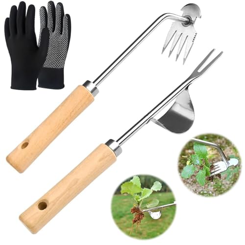 SMEILEE Unkrautstecher Edelstahl, Wurzeljäter mit Holzgriff, Gartenarbeit Hand Unkrautstecher, Unkrautjäter zum...