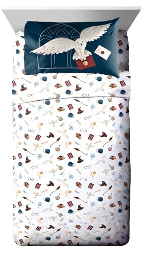 Image of Harry Potter Twin Comforter Set 5 Piece Soft Hogwarts Bedding, Grey | Hedwig, Bed in a Bag, Comforter Sheets Sham Pillowcase, Official Product, Soft Microfiber, Machine Washable, Kids Gift