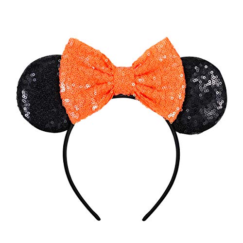 Image of FANYITY Mouse Ears, Sequin Mouse Ears Headband for Girls Women Halloween Birthday Party (Orange Bow)