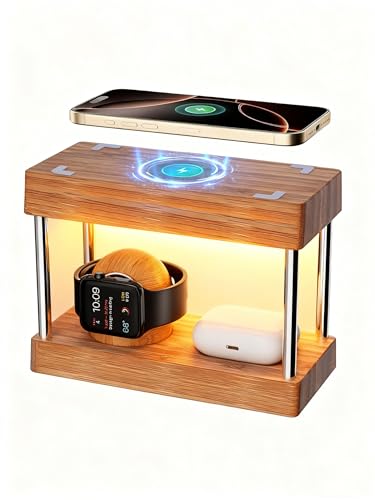 Nightstand Charging Station, 4 in 1 Bamboo Wireless Charging Station for Multiple Devices, Bedside...