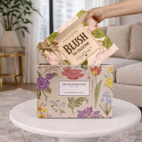 Image of Sancha Tea Boutique, Blush Tea Selection, Luxury Gift Box with 30 Pyramid Bags, Individually Wrapped Assortment of Green, Black, White & Herbal Infusions, Premium Gifting Hamper