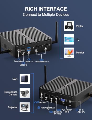 Image of Baieyu Fanless Industrial PC Celeron J4125, Fanless Mini PC Win 10 Pro or Linux Ubuntu Dual Band WiFi, HD+VGA, RJ45 LAN, 2xRS232 COM, 2xUSB 3.0, 16GB RAM DDR4 256GB SSD Mini PC VESA Mount