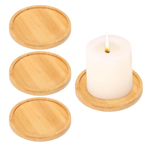 XinYangMao Bandeja de Bambú Redonda, 4Piezas - 12 cm para Servir, Decoración Mesa, Soporte para Macetas y Plantas - Fuente de Madera Natural para Fiesta, Casa o Bar