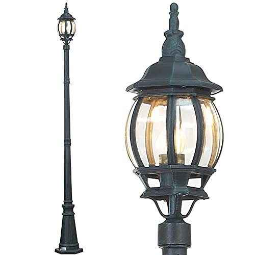 BAKAJI Farola victoriana clásica de jardín de aluminio lámpara farol color gris acabado envejecido verde bronce IP44 E27 (1 luz 200 cm)
