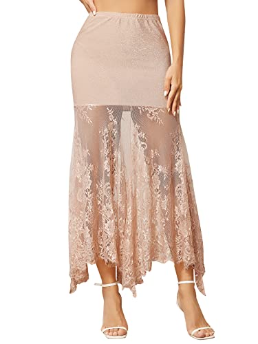 Sweatyrocks Women's High Waisted Floral Lace Sheer Mesh Mermaid Maxi Skirt Champagne S #TOP12