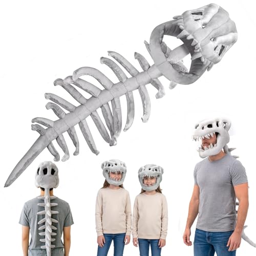 UPABLUNSO Dinosaur Skeleton Costume, 31.5Inch 3D Spinosaurus Skull Headpiece with Plush Spine Back Piece, Soft Dino Skeleton Outfit for Kids & Adults, Halloween Cosplay Dress Up
