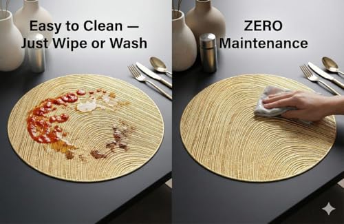 Image of Dining Table Mat and Runner Set for Home Kitchen Reusable Placemat Combo Set for Everyday Dining Use and Table Setup (Golden Orbit + Modern ractangle, Pack of 9 (8+1))
