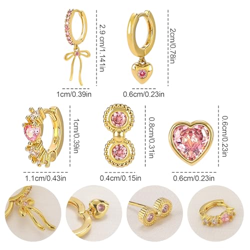Gold Earrings Set for Women 14K Gold Plated Cubic Zirconia Love Heart Bowknot Clover Fruit Flower Insect Ocean Cross Huggie Hoop Earrings Stud Earrings Set for Multiple Piercing Party Jewelry Gifts2