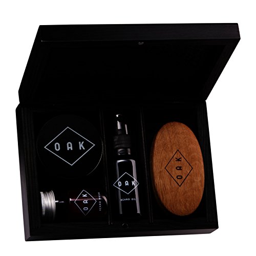 OAK BEARD BOX I Cuidado de la barba, neceser de viaje: BEARD WASH (30ml), BEARD BRUSH, BEARD OIL (30ml), BEARD HOLD (50ml) en una elegante caja de madera. El regalo ideal para hombres con barba.