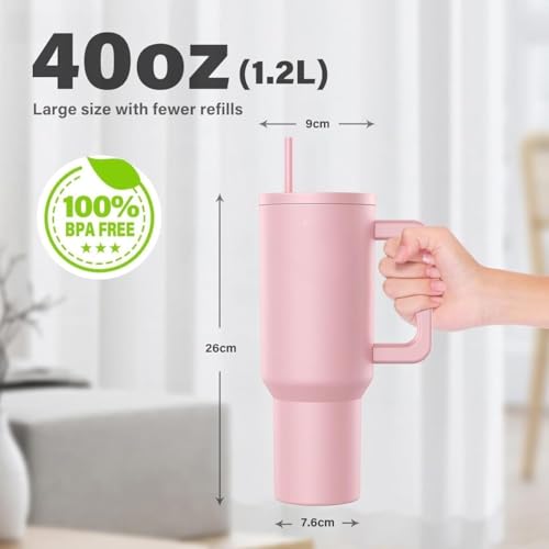 Image of Tumbler with Handle and Straw Lid, Reusable Cup Leakproof Iced Coffee Sipper Mug for Keeping Beverages Water Hot or Cold, Perfect for Travel, Gym 1.2L (Pink)