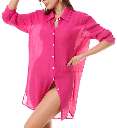 Roojaa Beachwear Bathing Suit Womens Cover Ups Swimwear Sheer Button Down Shirt Rose Red,Medium