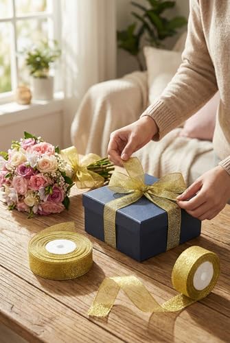 2PC Deko Band Für Geschenkverpackung, Geschenkband Deko Band 2,0 cm x 22 m, goldenes Schleifenband aus Polyester, Glanzband für Geschenkverpackung, Weihnachten, Hochzeit, Geburtstag, DIY Handwerk