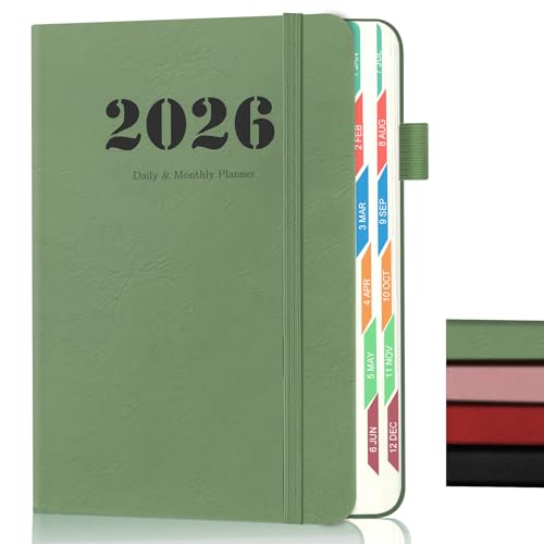 2026 Planner Daily and Monthly A5 Planner 400 Pages Flexible Seal Thick Cover Color Index Pages Suitable for Office School and Home (Green)