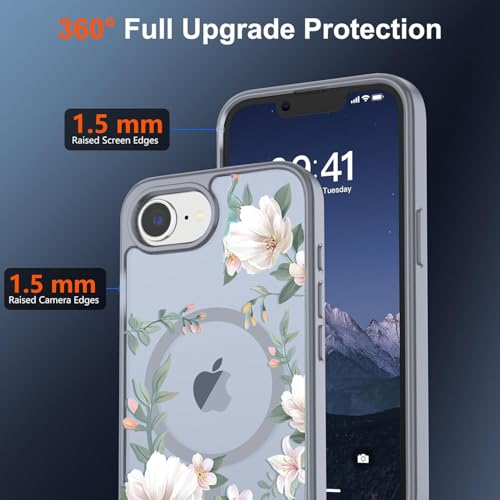 Image of VONZEE Compatible with iPhone 17e / iPhone 16e /SE4 Case, Luxury Retro Flowers Floral Clear for Magnetic Wireless Charging Case Shockproof PC+TPU Cute Glossy Shiny Cover for Girls Women, Grey