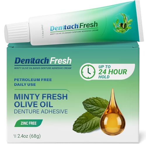 Denttach Fresh Denture Adhesive with Invigorating Mint Flavor Petroleum Free Olive Oil Based Denture Cream for Full and Partial Dentures All Day Hold Denture Glue Zinc Free 2.4 Ounce