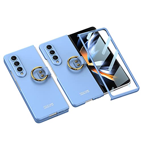 Coque Samsung Z Fold 4 Bleue avec Support Anneau Métallique et Film Protection Écran Intégral