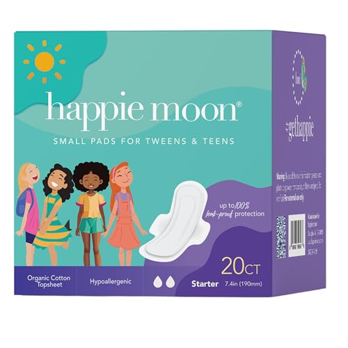 Happie Moon Organic Cotton Cover Tween & Teen Period Pads | Ultra Thin Pads with Wings | Chlorine-Free & Fragrance-Free | Starter Size, 20 Count