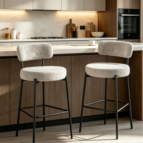 Image of Bar Stools, 30 inch Tall Bar Stools Set of 2, Boucle Upholstered Counter Height Bar Stools, Modern Bar Chairs Metal Frame with Back and Footrest for Kitchen Island,Gray Barstools