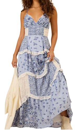 ebossy Womens Lace Patchwork Floral Maxi Dress Spaghetti Strap Sexy Backless Ruffle Tiered Boho Beach Sundresses (X-Large Blue)
