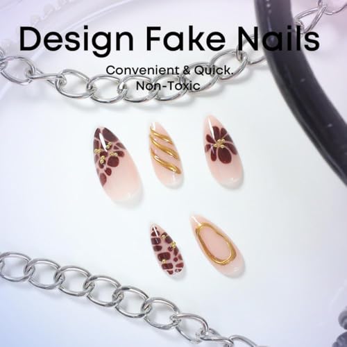 Image of Brown Flower Press on Nails Leopard Fake Nails Medium Almond False Nails with Gold Design Nude Glue on Nails Glossy Artificial Acrylic Full Cover Stick on Nails for Women Manicure 24Pcs