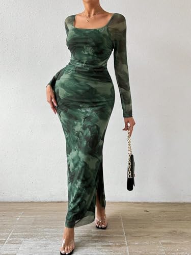 Image of LIGHT DOT Women's Printed Off Shoulder Maxi Dress Long Sleeve Bodycon Ruched Mesh Cocktail Dress
