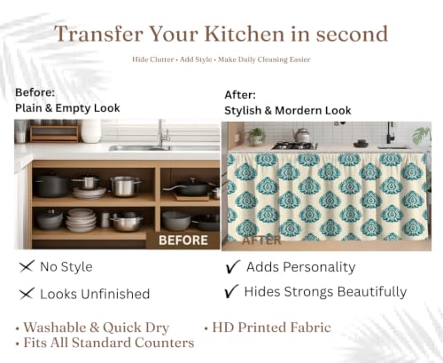 Image of Kitchen Curtains for Sink | Premium Printed Under-Sink Skirt for Kitchen Counter | Washable & Dustproof Rod Pocket Curtain | Home & Cooking Theme Decor (150cm x 70cm) (Blue Kunja)