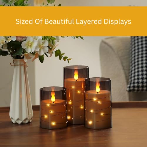 Image of Flickering Flame with Fairy Lights | Flameless Candles 3 Set | Grey Acrylic LED Pillars | Remote & Timer | Battery Operated | D3 xH4 5 inch 6 inch | Home Decor | Safe & Stylish