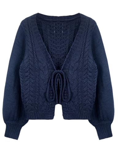 Kinghua Tie Front Cardigan for Women Fall Winter V Neck Cable Knit Cropped Cardigan Sweaters Cute Bow Tops