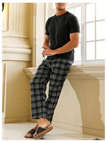 Verdusa Men's 2 Piece Pajama Sets Plaid Pj Set Sleepwear Lounge Set Tee With Pants4
