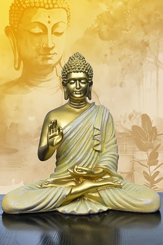 Image of Beautiful Sitting Buddha Idol Statue for Home & Garden Living Room | Healing Spirit Blessing Buddha Statue - 15 Inch Size (Golden + Cream)