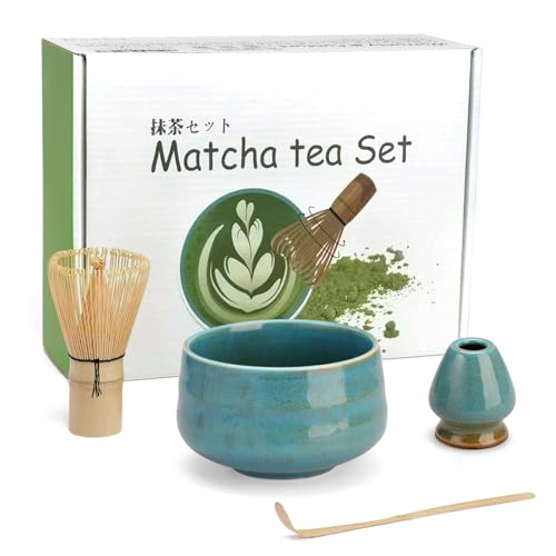 Mycketop Premium Matcha Set 4 PCS, Bamboo Whisk, Spoon, Ceramic Bowl, Chasen Holder, Starter Accessory for Japanese Tea Ceremony, Gift for Matcha Lovers, Kiln-Fired Blue