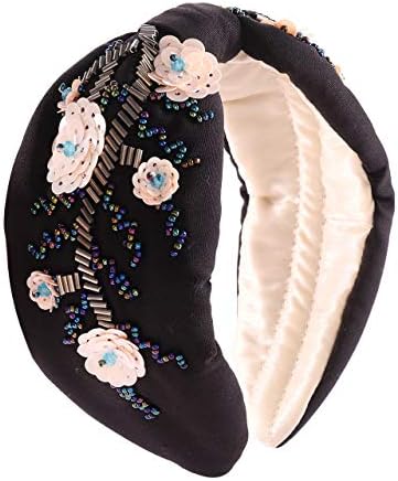 ELEARD Bead Embroidered Headband for Women Hand Sewing Sequins Floral Hairbands Retro Elastic Knotted Wide Turban Headbands Fabric Embellished Head Wrap Hair Accessories