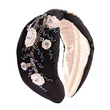 ELEARD Bead Embroidered Headband for Women Hand Sewing Sequins Floral Hairbands Retro Elastic Knotte