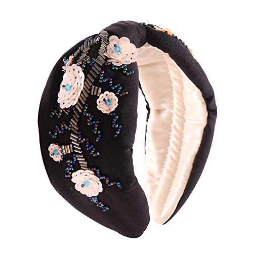 Eleard Bead Embroidered Headband For Women Hand Sewing Sequins Floral Hairbands Retro Elastic Knotted Wide Turban Headbands Fabric Embellished Head Wrap Hair Accessories #TOP3