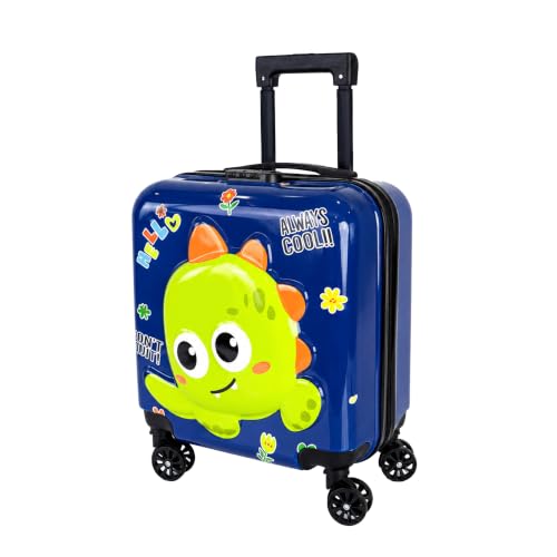 Image of Storite 18In Kids Luggage Trolley Hard Shell Cabin Suitcase | Cartoon Dinosaur Design Suitcase Ideal For School Trips Vacations Holidays And Weekend Travel (Navy Blue - 35 x 23 x 38 Cm)