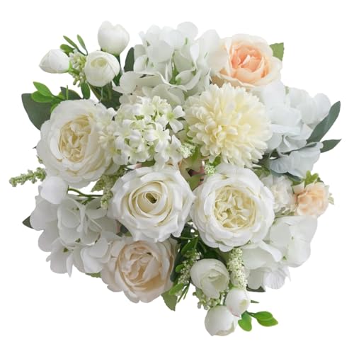 4 Pcs Mixed Artificial Peony Flowers Set-2 Bouquets & 2 Stems, Small White Fake Peony Rose Hydrangea Flower for Vase Silk Floral Arrangements for Table Centerpiece Wedding Home Party Bridal Decoration
