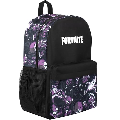 Fortnite Mochila escolar para niños, color negro, grande, A4, multicompartimento, bolsa de viaje con bolsillos de malla y correas acolchadas ajustables para los hombros, negro/violeta