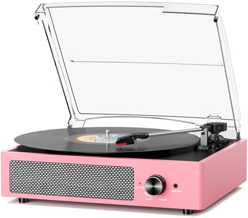 Vinyl Record Player with 2 Stereo Speakers Belt-Driven Vintage Turntables 3 Speed 3 Size Wireless Bluetooth Playback AUX-in RCA Out Headphone LP Vinyl Players Auto Stop Dusty Rose