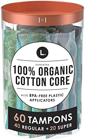 L. Organic Cotton Tampons Multipack, Regular/Super Absorbency, Free From Chlorine Bleaching Pesticides Fragrances Or Dyes, Bpa-Free Plastic Applicator, 30 Count X 2 Packs (60 Count Total)